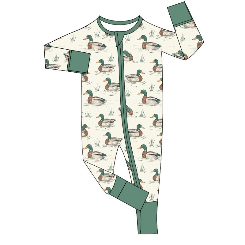custom moq 3 hunting mallard duck green long sleeve zipper boys romper