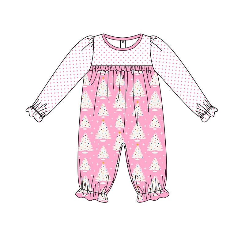 preorder LR1727 Christmas tree dot hot pink long sleeve girls romper