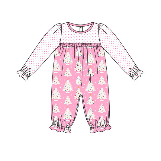 preorder LR1727 Christmas tree dot hot pink long sleeve girls romper