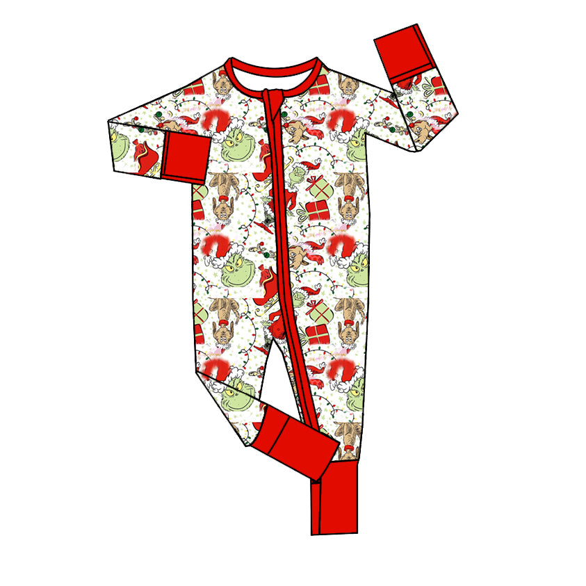 preorder LR1730 Christmas green face dog red long sleeve zipper boys romper