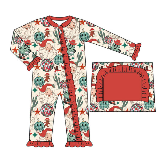 preorder LR1739 Christmas Western Santa cactus long sleeve zipper girls romper