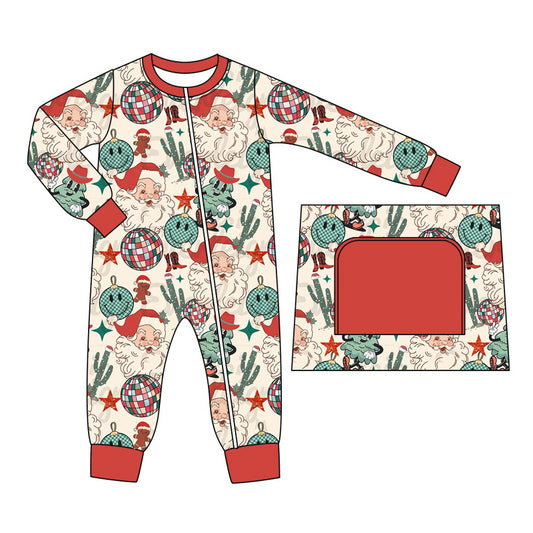 preorder LR1740 Christmas Western Santa cactus long sleeve zipper boys romper