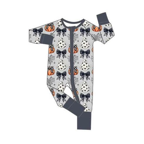 preorder LR1744 Halloween pumpkin spooky bows long sleeve zipper girls romper