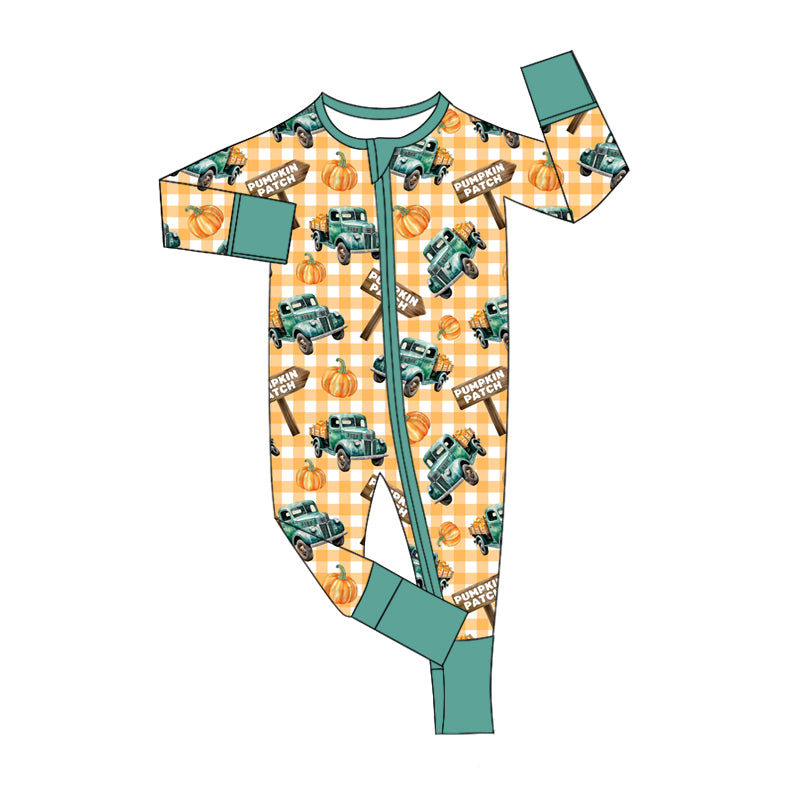 preorder LR1747 Autumn pumpkin truck orange checkered long sleeve zipper boys romper