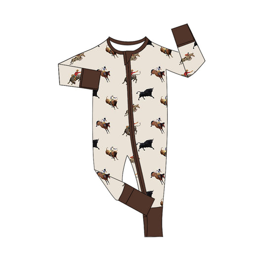 preorder LR1748 Western rodeo brown long sleeve zipper boys romper