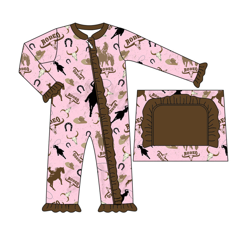 preorder LR1755 Western rodeo pink long sleeve zipper girls romper
