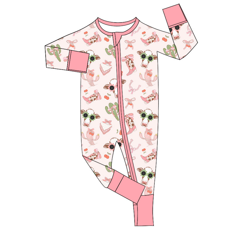 preorder LR1760 Western cactus cow boot pink long sleeve zipper girls romper