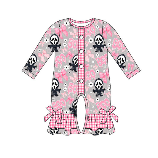 preorder LR1762 Halloween BOO skull pink long sleeve girls romper