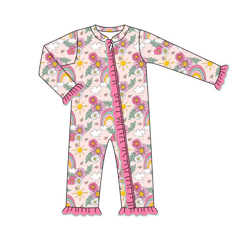 preorder LR1774 rainbow colorful flowers pink long sleeve zipper girls romper
