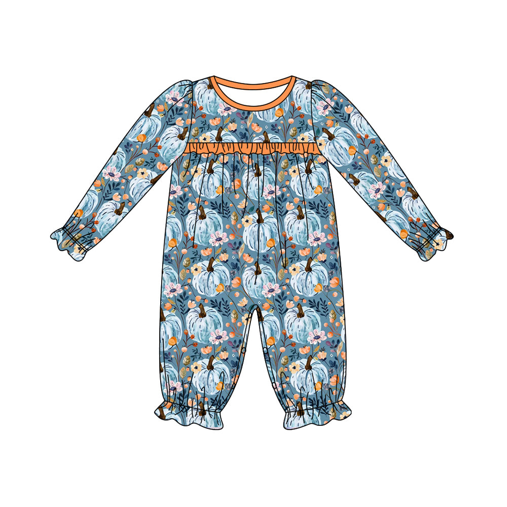preorder LR1775 blue pumpkin flowers long sleeve girls romper