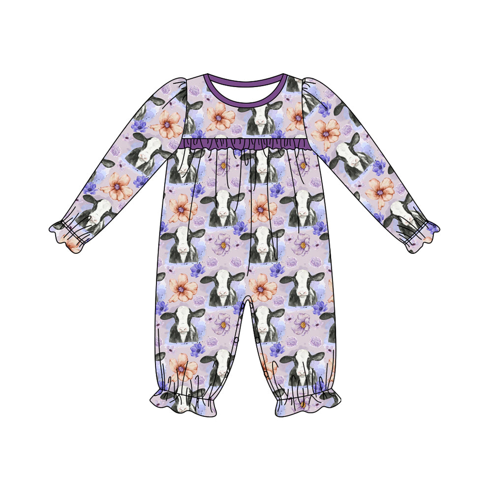 preorder LR1776 cow purple orange flowers long sleeve girls romper