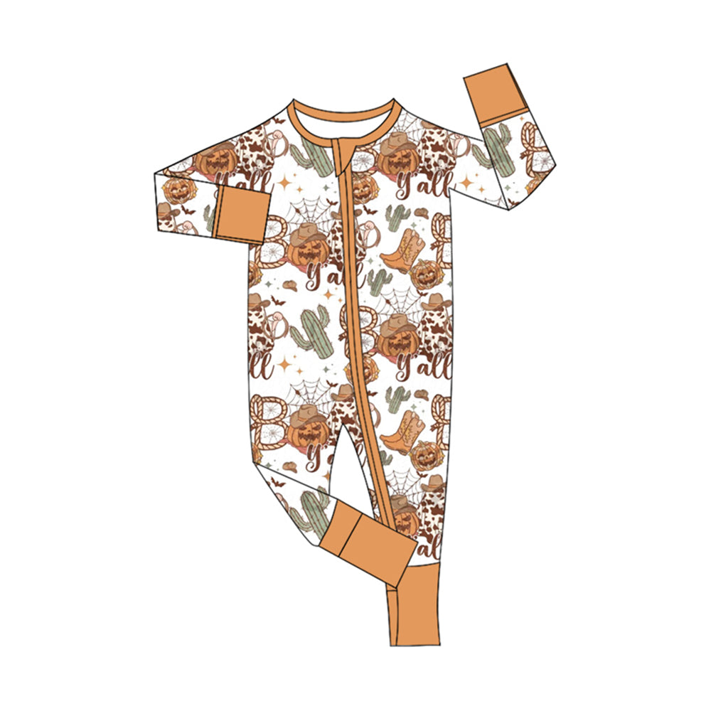 preorder LR1778 Halloween Western pumpkin cactus long sleeve zipper boys romper