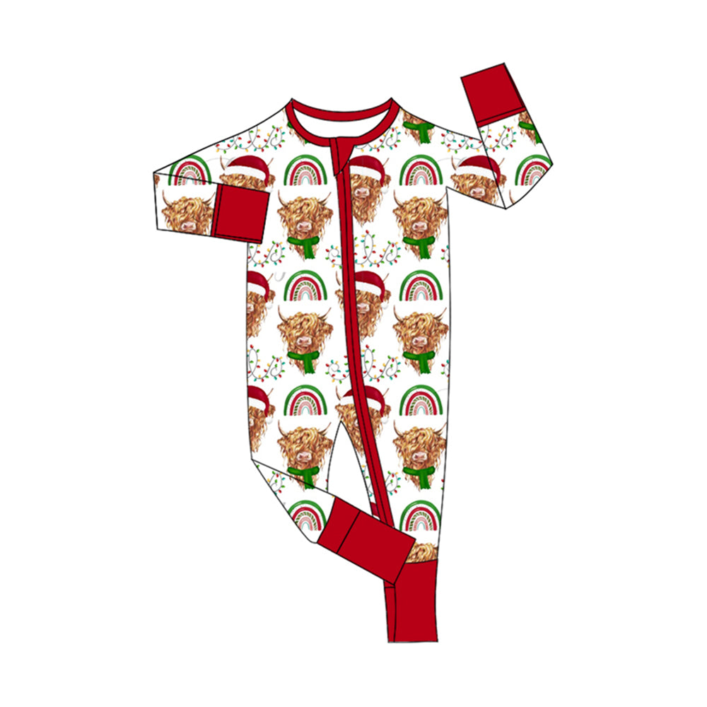 preorder LR1782 Western Christmas highland cow rainbow long sleeve zipper boys romper