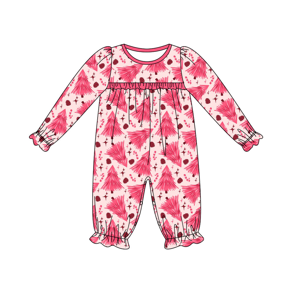 preorder LR1785 Christmas cane candy tree hot pink long sleeve girls romper