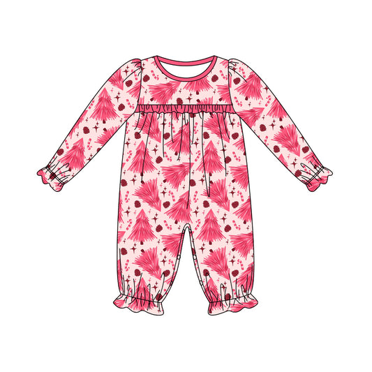 preorder LR1785 Christmas cane candy tree hot pink long sleeve girls romper