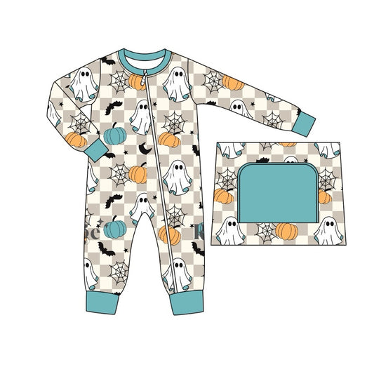 preorder LR1790 Halloween spooky pumpkin spider web grey checkered long sleeve zipper boys romper