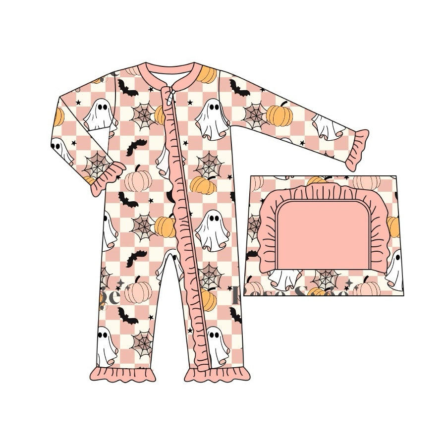 preorder LR1791 Halloween spooky pumpkin spider web pink checkered long sleeve zipper girls romper