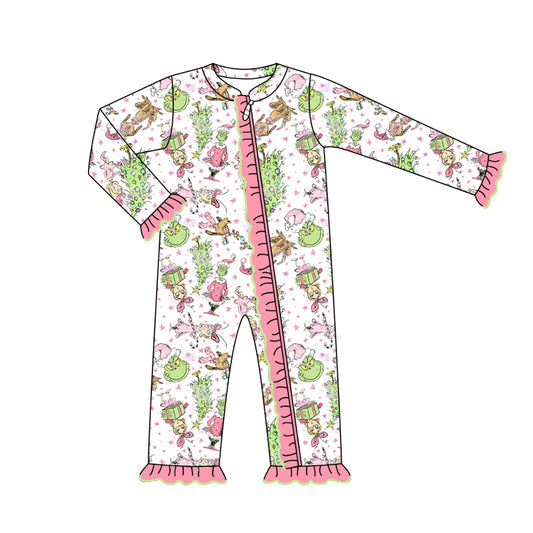 preorder LR1796 Christmas green face dance girl pink zipper long sleeve girls romper