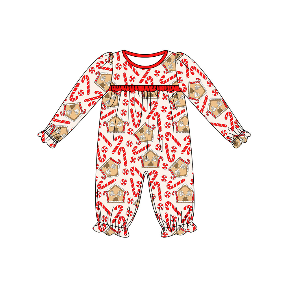 preorder LR1797 Christmas cane candy house red long sleeve girls romper