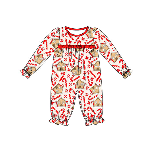 preorder LR1797 Christmas cane candy house red long sleeve girls romper