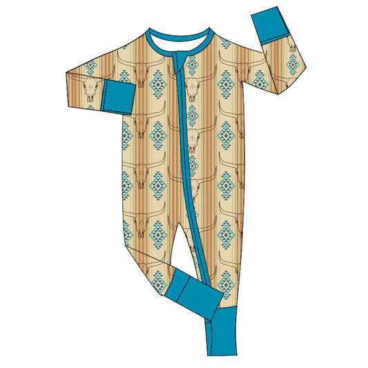 preorder LR1800 Western cow Aztec khaki blue long sleeve zipper boys romper