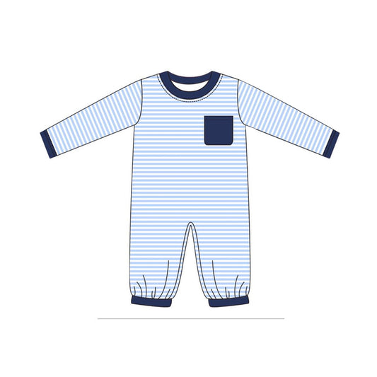 preorder LR1805 blue striped pocket long sleeve boys romper