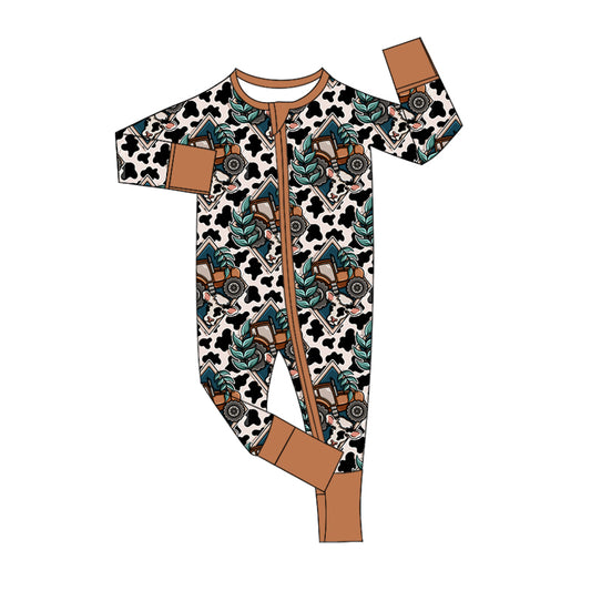 preorder LR1807 farm tractor cow cow print long sleeve zipper boys romper