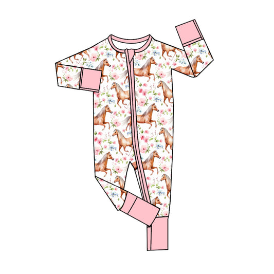 preorder LR1808 horse flowers long sleeve pink zipper girls romper