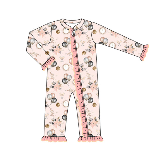 preorder LR1810 happy new year balloon flowers pink zipper long sleeve girls romper