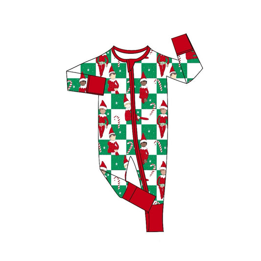 preorder LR1817 Christmas cane candy spirit green checkered long sleeve zipper boys romper