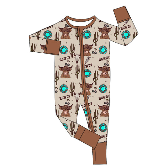 preorder LR1821 Western howdy highland cow cactus turquoise long sleeve zipper boys romper