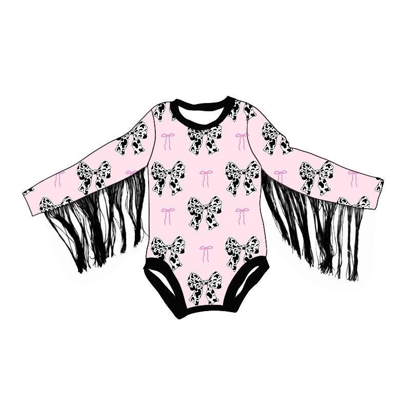 preorder LR1824 cow print bows pink tassels long sleeve girls romper