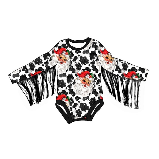 preorder LR1827 Christmas Santa cow print tassels long sleeve girls romper