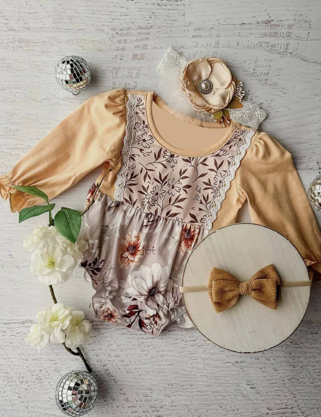 preorder LR1829 flowers khaki long sleeve girls romper