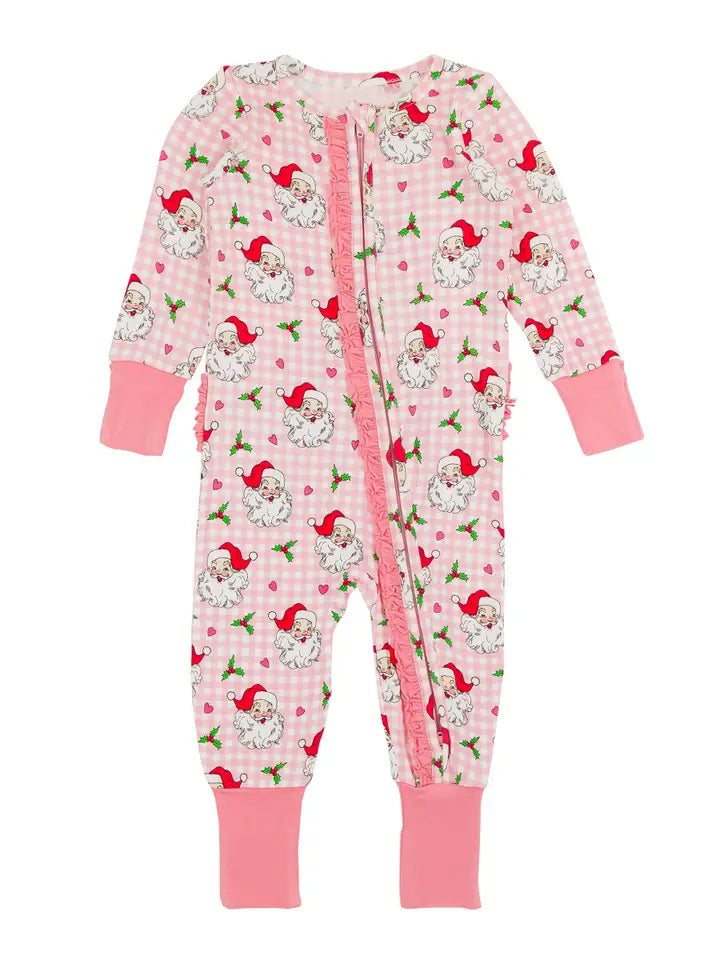 preorder LR1833 Christmas Santa holly berry pink checkered pink long sleeve zipper girls romper