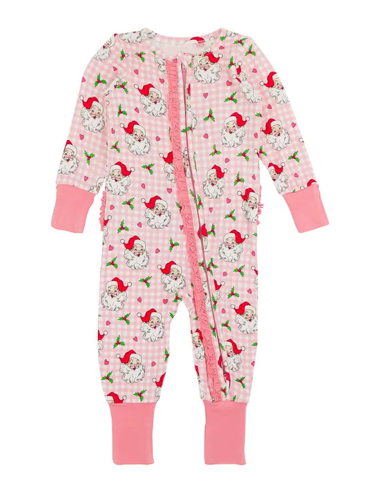 preorder LR1833 Christmas Santa holly berry pink checkered pink long sleeve zipper girls romper