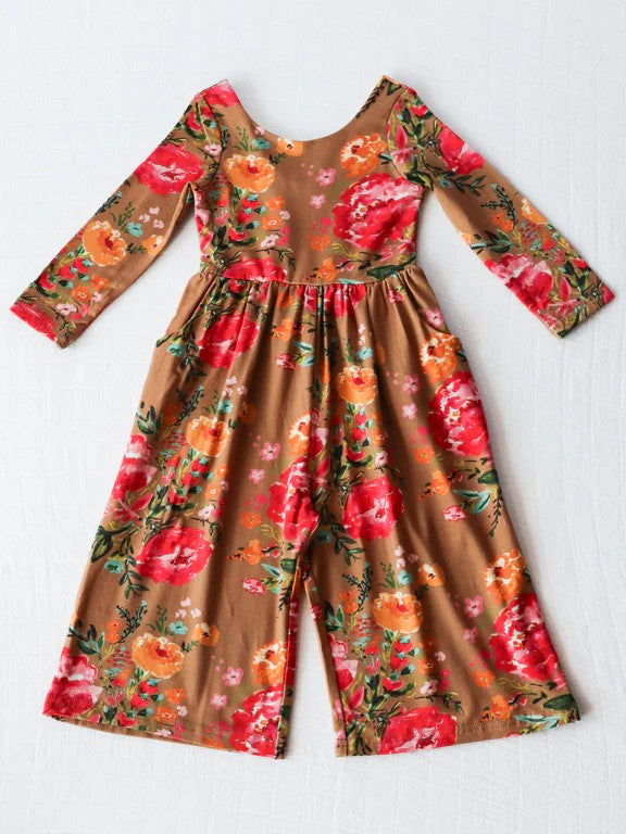 preorder LR1834 red orange flowers brown long sleeve girls jumpsuits