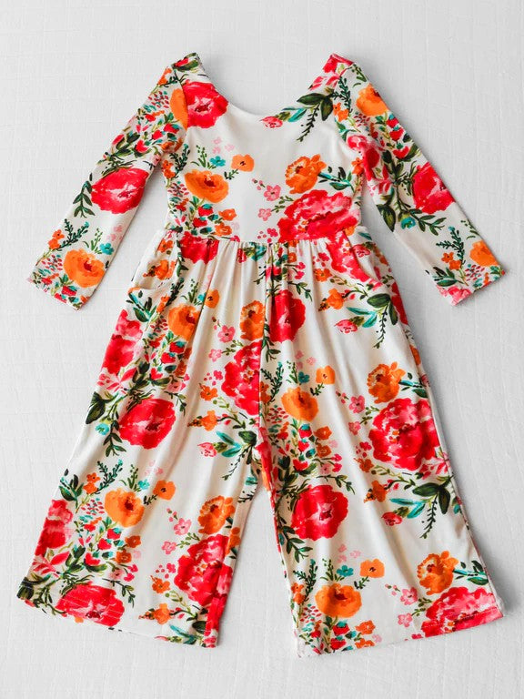 preorder LR1837 red orange flowers long sleeve girls white jumpsuits