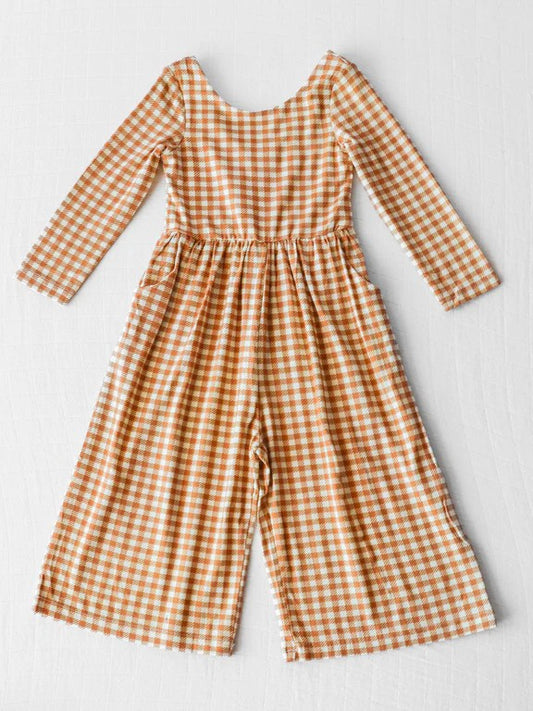 preorder LR1840 khaki checkered long sleeve girls jumpsuits