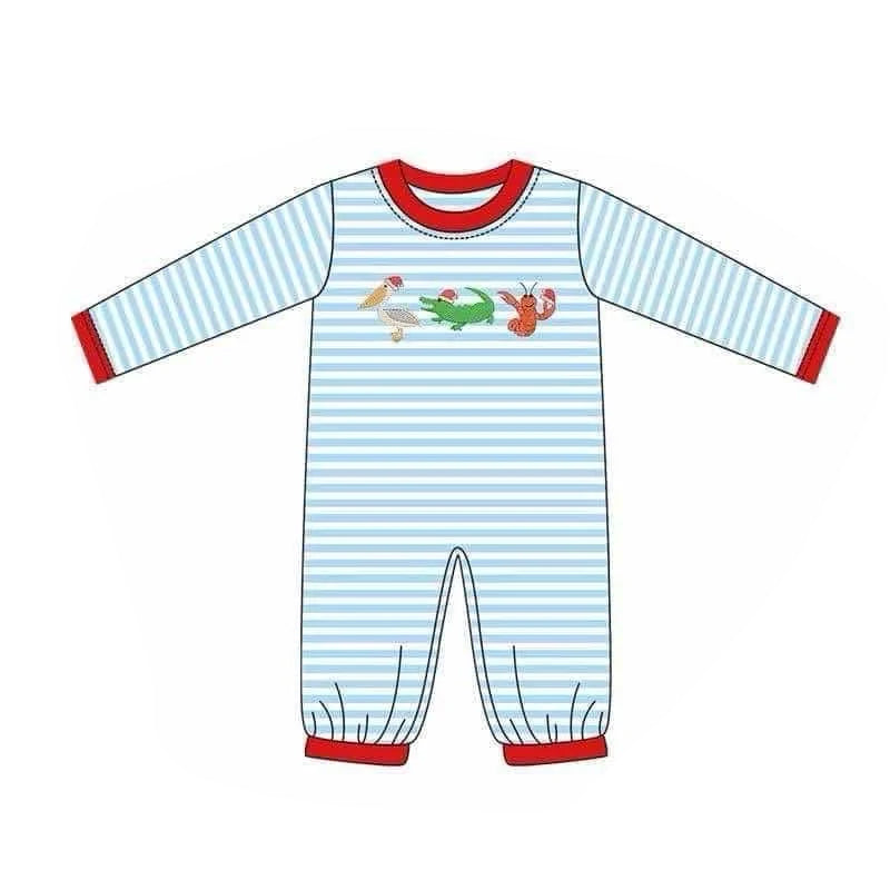 preorder LR1848 Christmas crocodile crayfish blue striped long sleeve boys romper