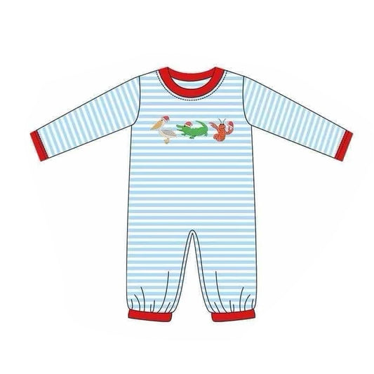 preorder LR1848 Christmas crocodile crayfish blue striped long sleeve boys romper