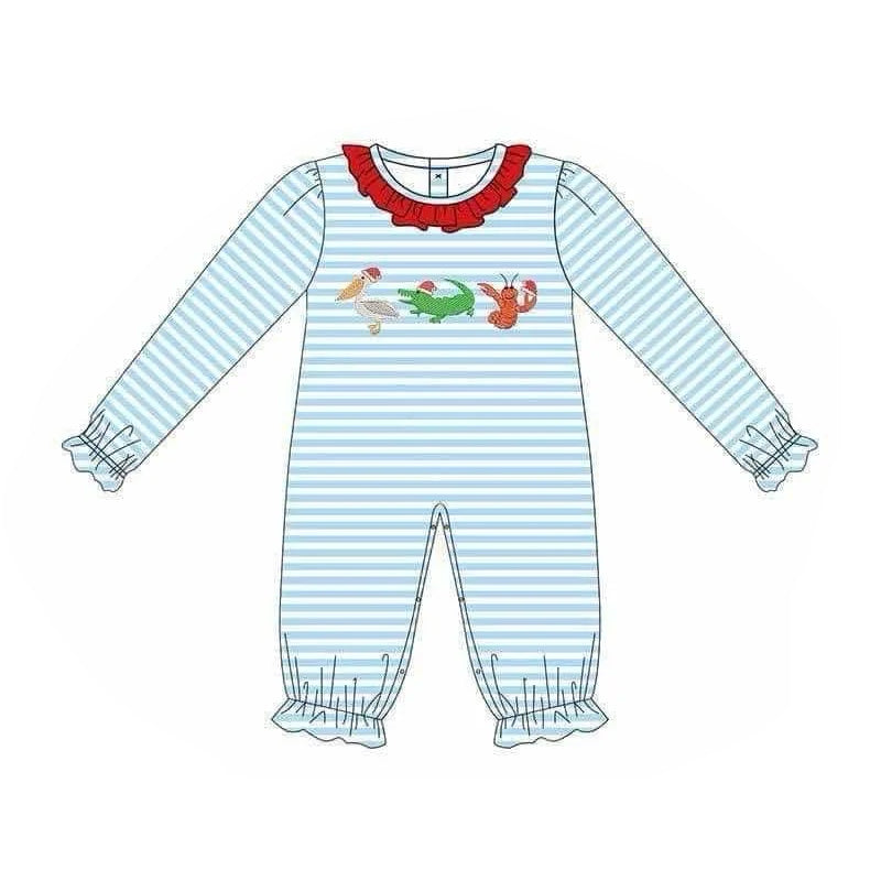 preorder LR1849 Christmas crocodile crayfish blue striped long sleeve girls romper