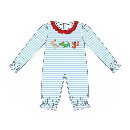 preorder LR1849 Christmas crocodile crayfish blue striped long sleeve girls romper