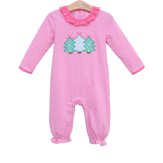 preorder LR1850 Christmas tree hot pink striped long sleeve girls romper