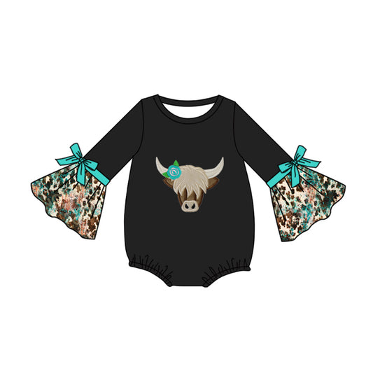 preorder LR1854 Western highland cow black cow print long sleeve girls romper