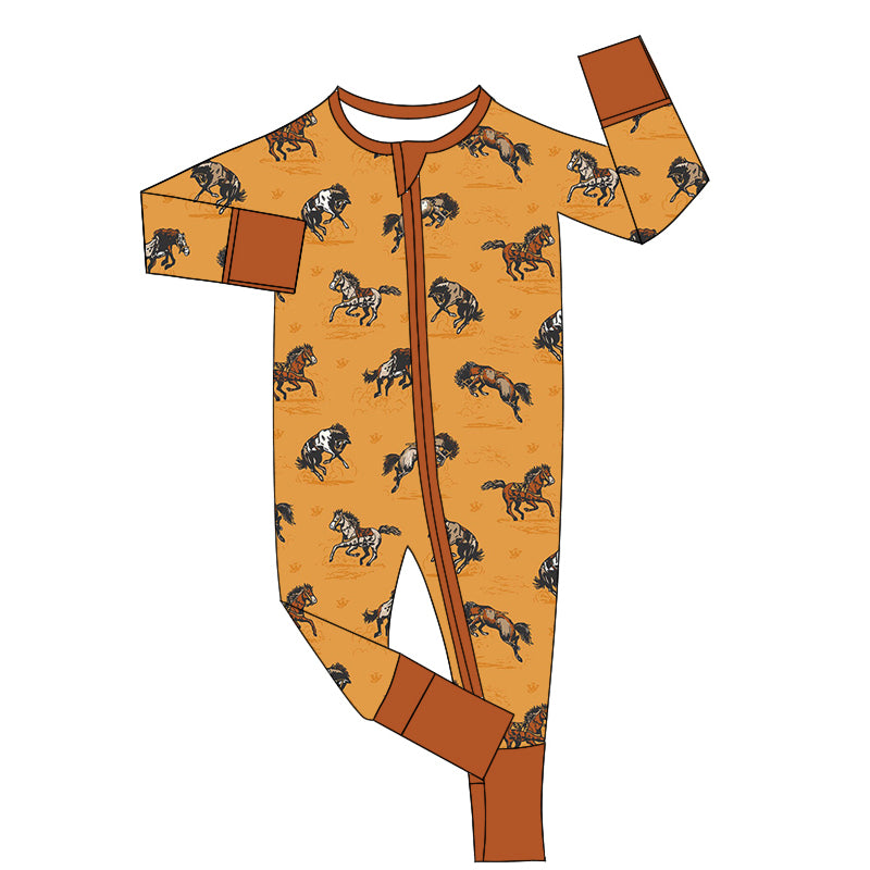 preorder LR1857 Western rodeo horse brown long sleeve zipper boys romper