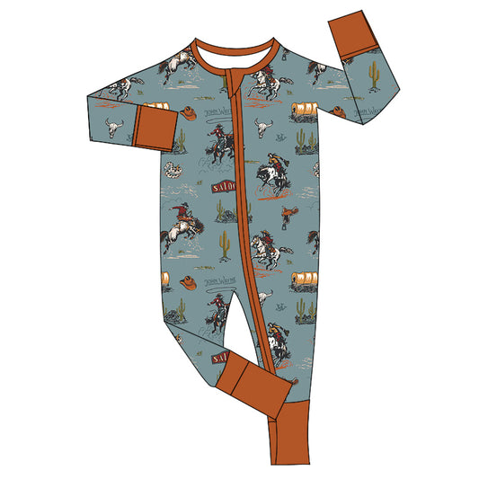 preorder LR1858 Western rodeo cactus blue long sleeve zipper boys romper