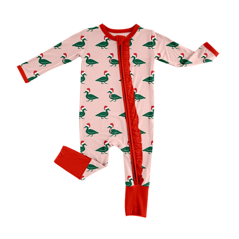 preorder LR1862 Christmas mallard duck hat pink long sleeve zipper girls romper