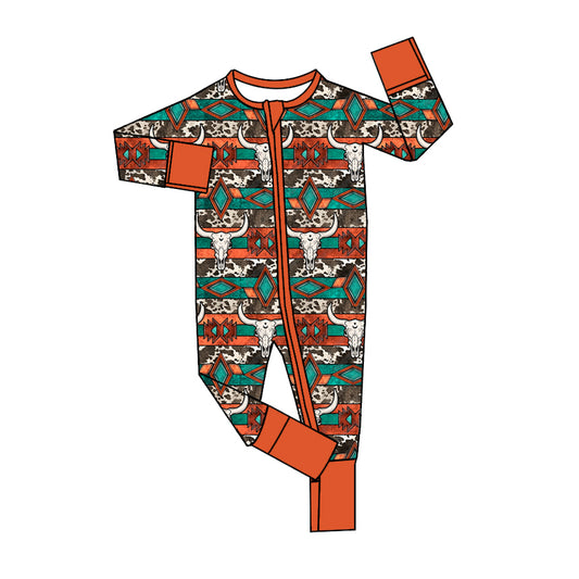 preorder LR1869 Western Aztec cow striped long sleeve zipper boys romper