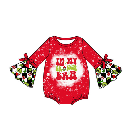 preorder LR1876 Christmas in my green face era red long sleeve girls romper